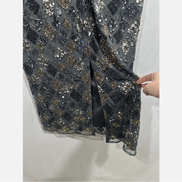 NWT‎ $498 Mac Duggal [ 16 ] Geo Embellished Midi Sheath Dress Charcoal Grey - Picture 14 of 14